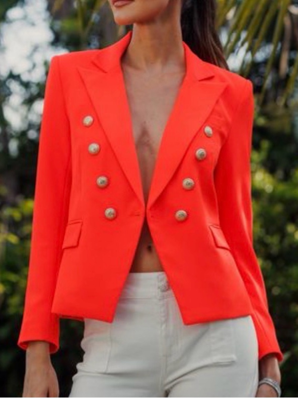 Generation Love Double-Breasted Orange-Red Blazer with Gold Buttons